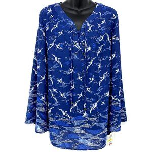 Style Co Top Medium Blue White Bird Seascape Tunic Lace Up Bell Sleeve Women New